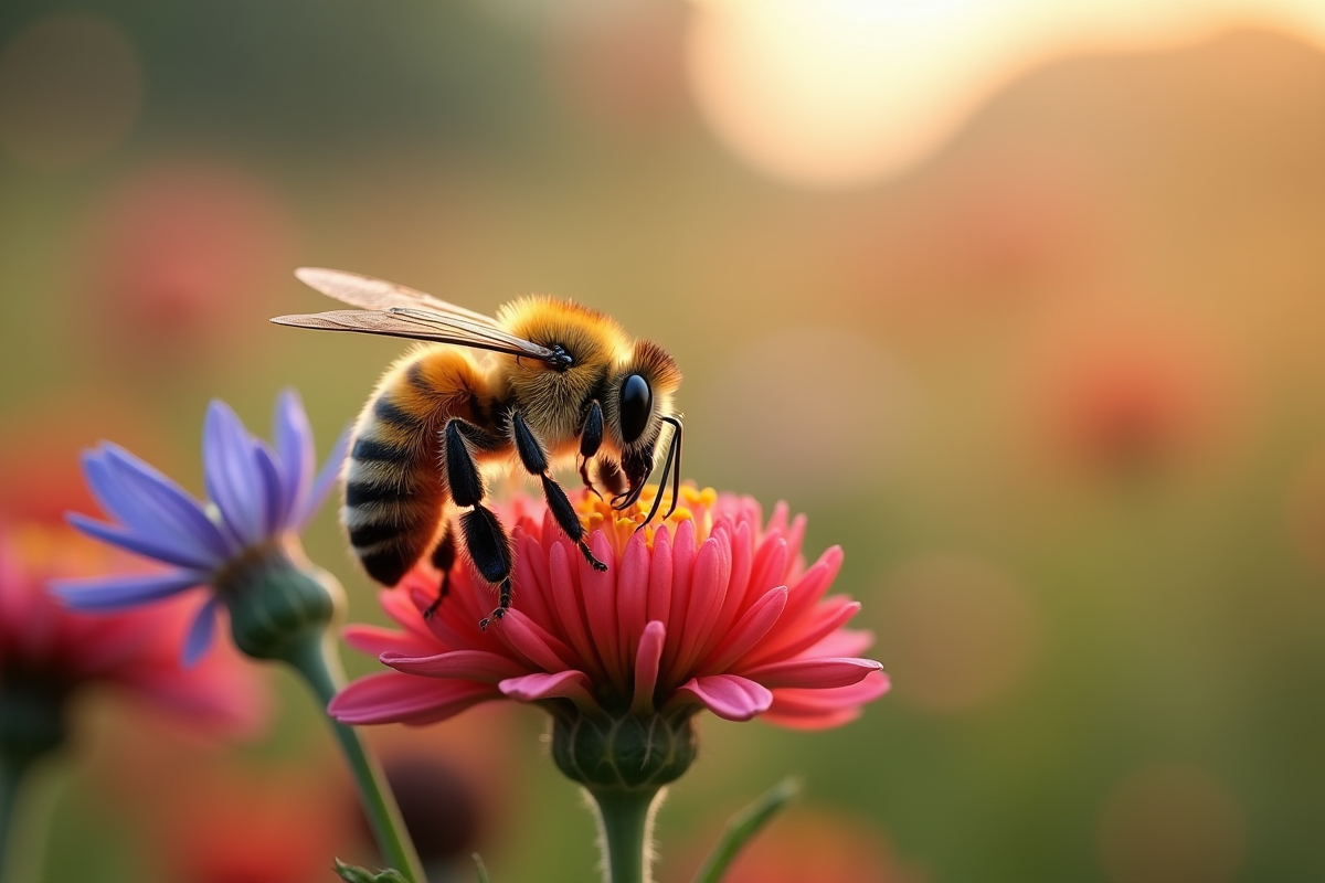 Abeille butinant des fleurs sauvages colorées