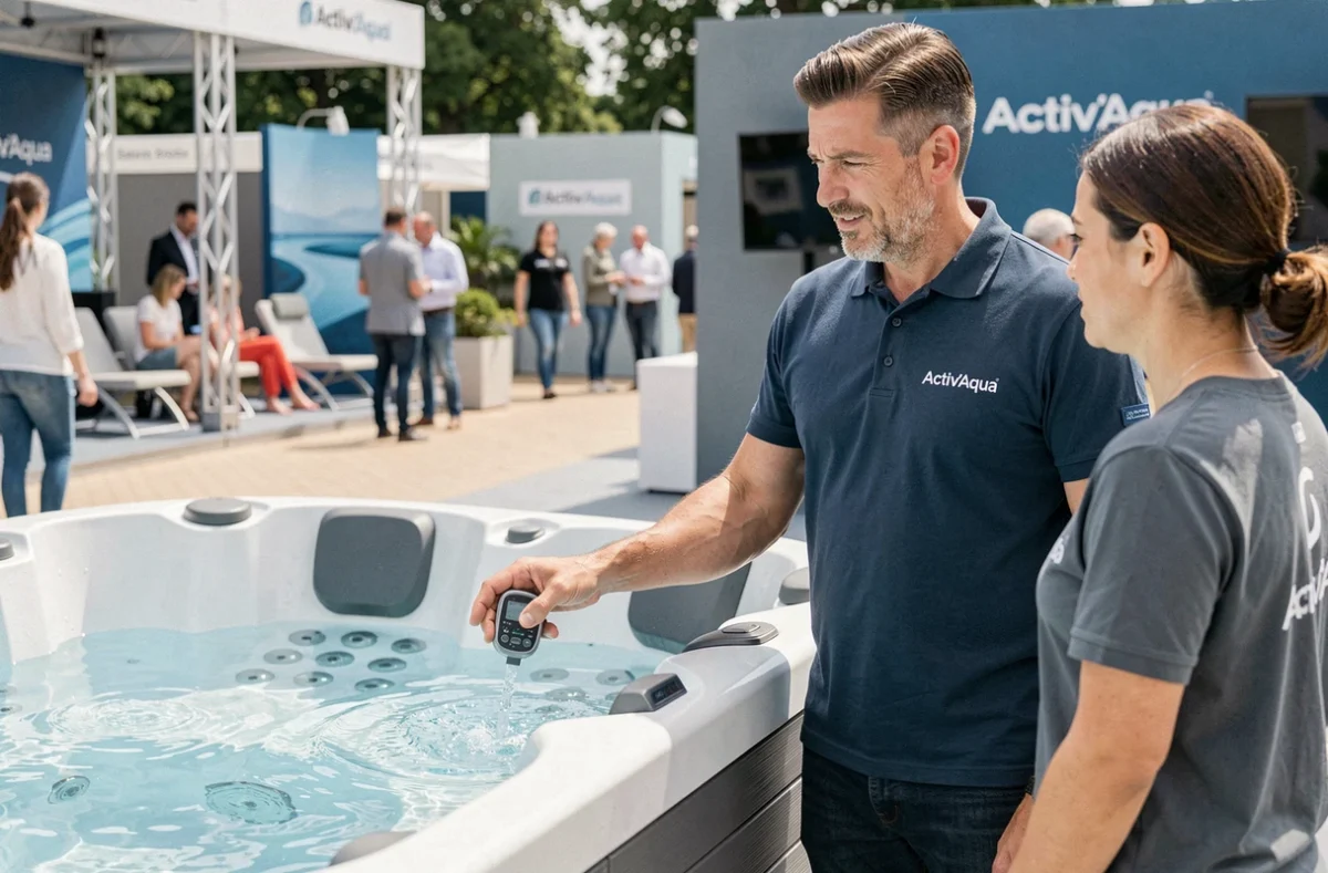 Technicien Activ'Aqua présentant un modèle de spa et piscine combiné à un client lors d'une exposition en plein air
