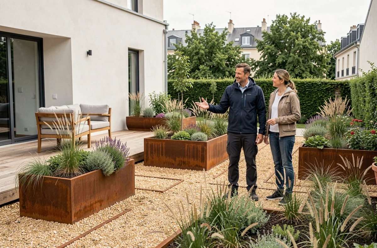 Paysagiste ADN Paris Sud présentant un jardin contemporain avec acier corten et graminées dans le sud de Paris