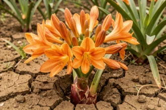 Fleurs d'agapanthe orange en pleine floraison poussant dans un sol argileux fissuré