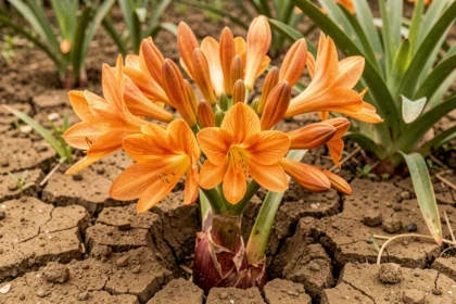 Fleurs d'agapanthe orange en pleine floraison poussant dans un sol argileux fissuré