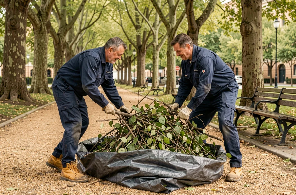 Deux agents d'entretien ramassant des déchets verts après un élagage dans un parc urbain
