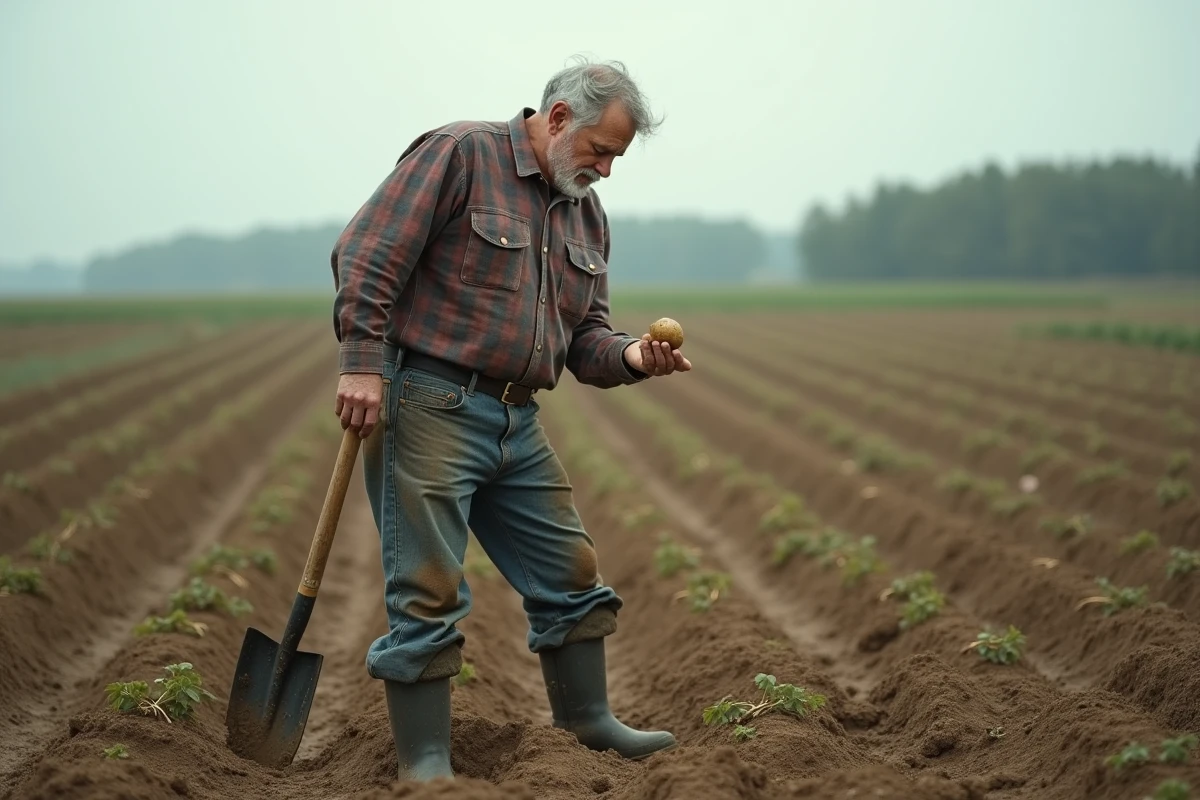 Agriculteur inspectant une pomme de terre fraîchement récoltée dans un champ de culture en pleine campagne