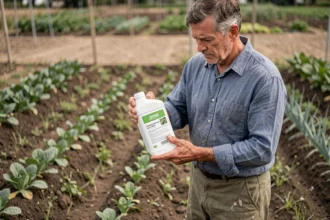 Agriculteur lisant l'étiquette d'un herbicide à base de glyphosate dans un potager avant dosage