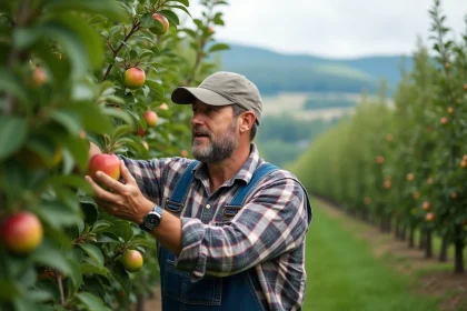Agriculteur examine un pommier en verger verdoyant