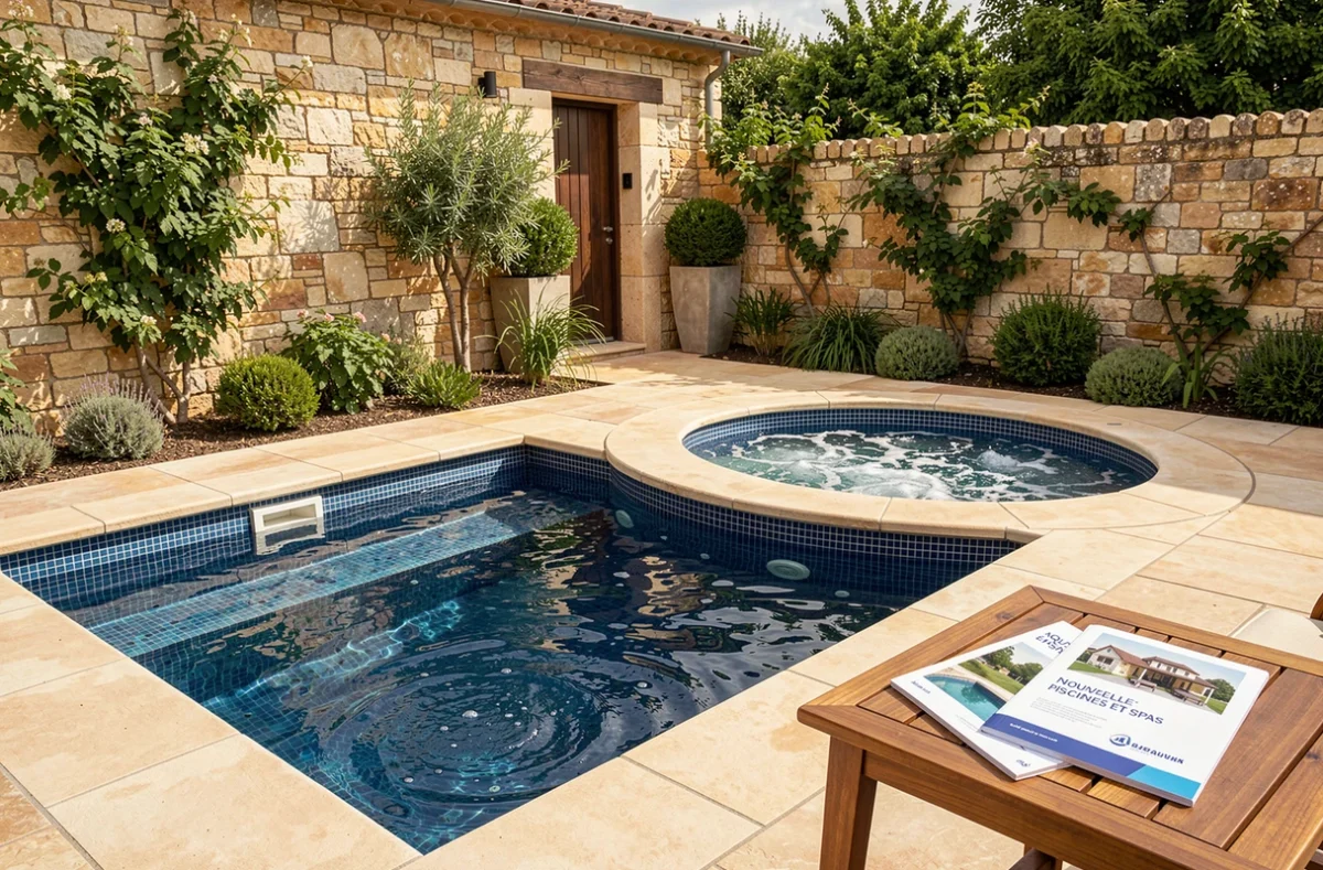 Piscine et spa luxueux installés par Aqua Piscines et Spas dans un jardin privé de Nouvelle-Aquitaine avec murs en pierre