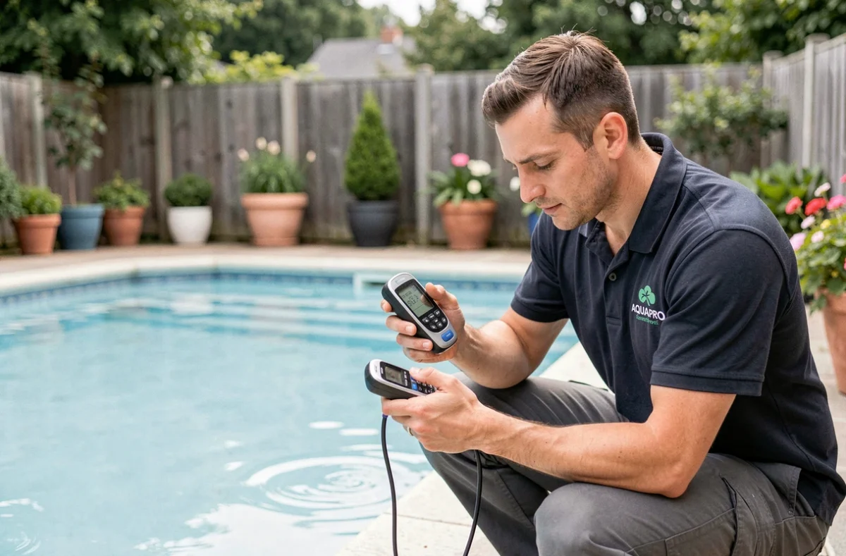 Technicien Aquapro testant la qualité de l'eau d'une piscine résidentielle avec un kit numérique