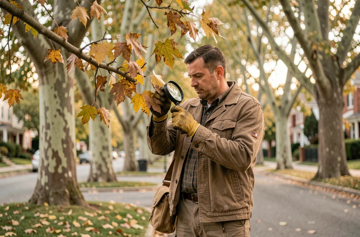 Arboriste inspectant les feuilles sèches et jaunies d'un mûrier platane en milieu urbain pour diagnostiquer une maladie