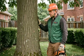 Arboriste professionnel inspectant un grand chêne dans un jardin résidentiel avant abattage