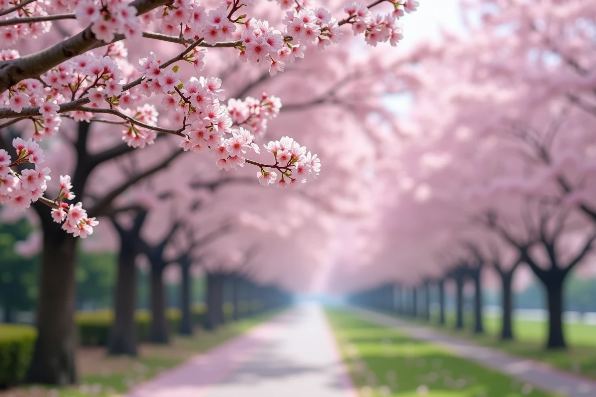 Arbre à fleurs roses cerisier japonais en pleine floraison printanière dans une allée de parc urbain avec pétales au sol