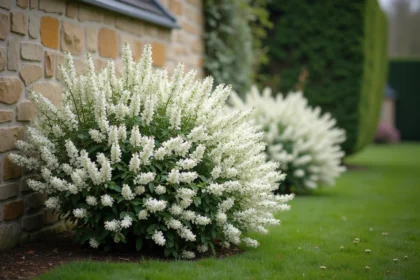 Arbuste à fleurs blanches en pleine floraison printanière dans un jardin français élégant avec mur en pierre