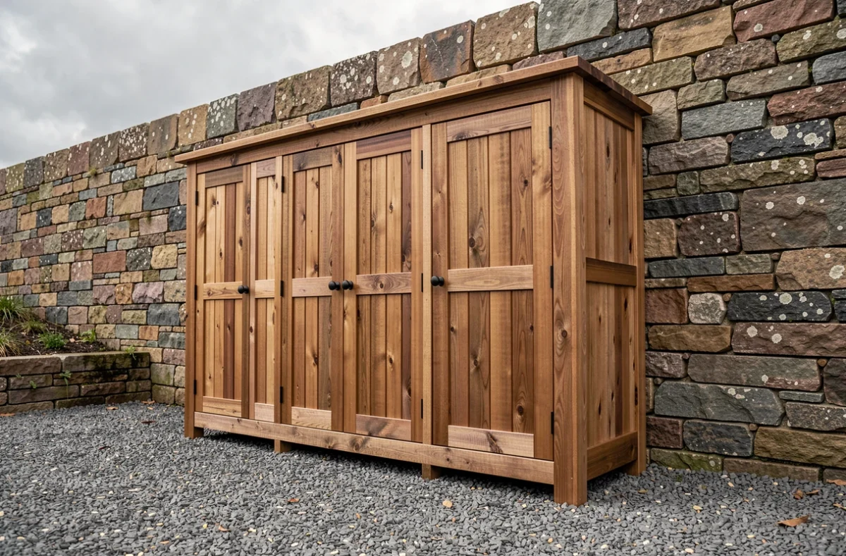 Armoire de jardin en bois installée contre un mur sur une base plane