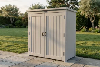 Armoire de jardin fermée posée sur une terrasse dallée
