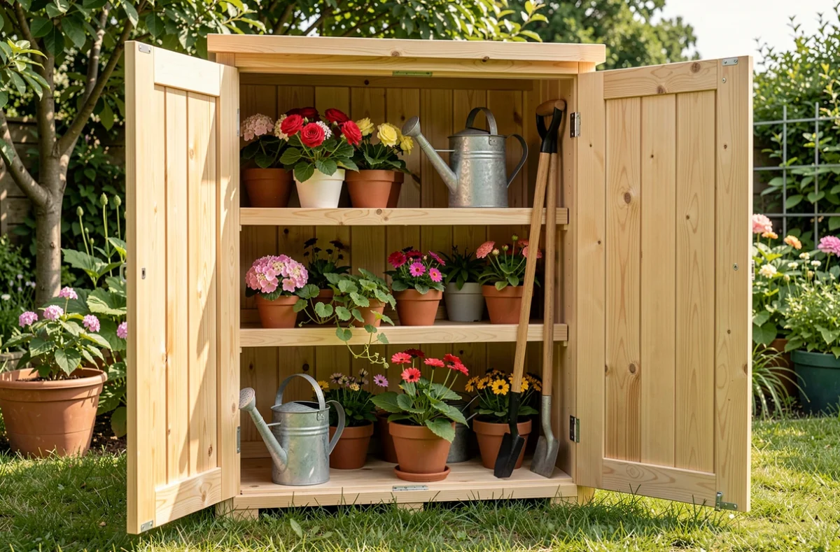 Armoire de jardin ouverte avec étagères, outils et arrosoir rangés