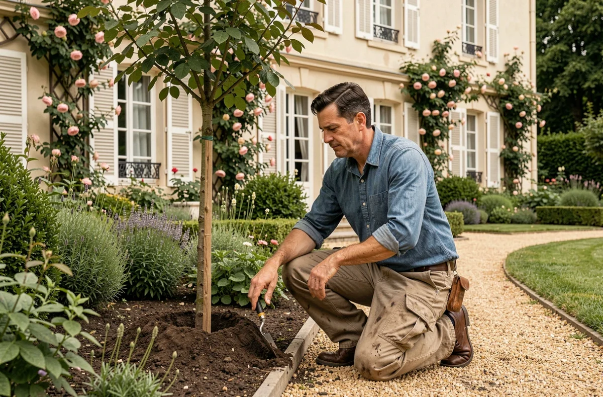 Arnaud Rayroles, jardinier paysagiste, plantant un arbre dans un jardin résidentiel parisien