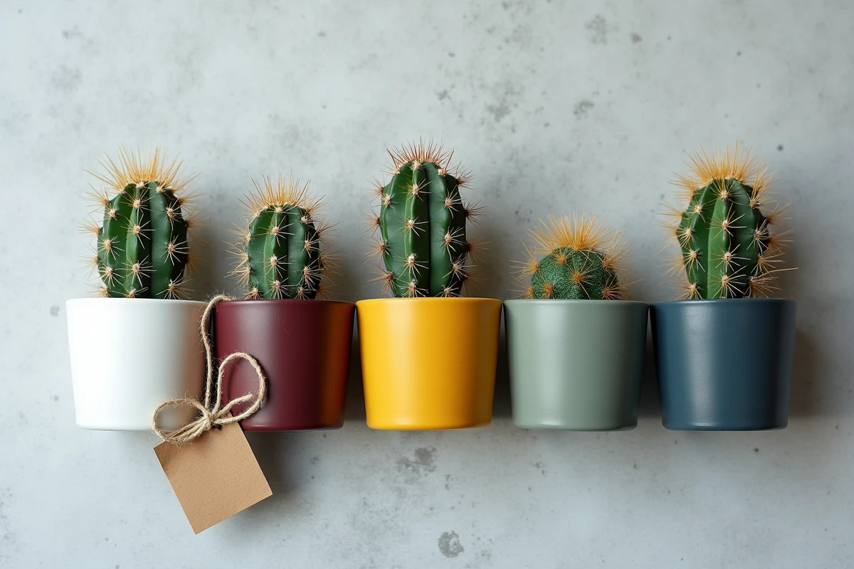 Arrangement de cactus en pots de couleurs variées sur béton gris avec étiquette cadeau manuscrite