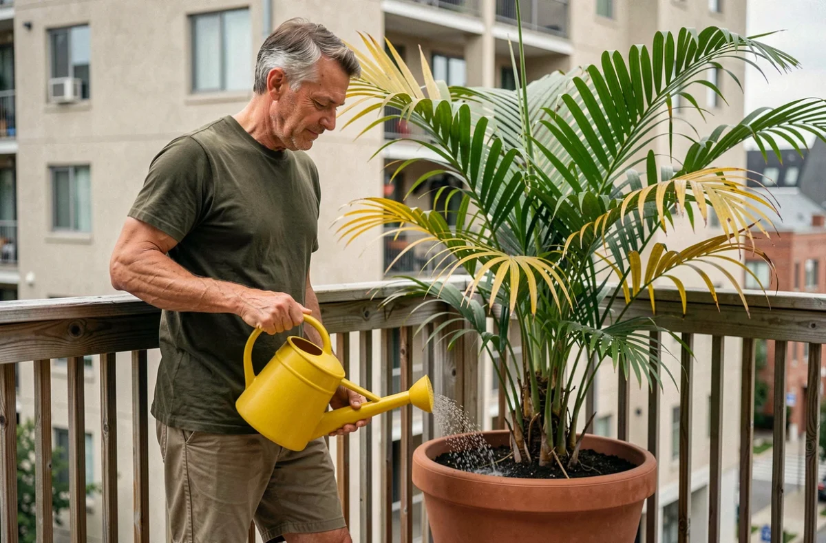 Homme arrosant un palmier kentia en pot sur un balcon urbain avec des pointes de feuilles sèches visibles