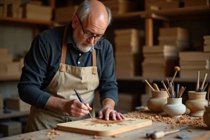 Artisan pyrograveur travaillant sur un panneau en bois de tilleul dans un atelier rustique