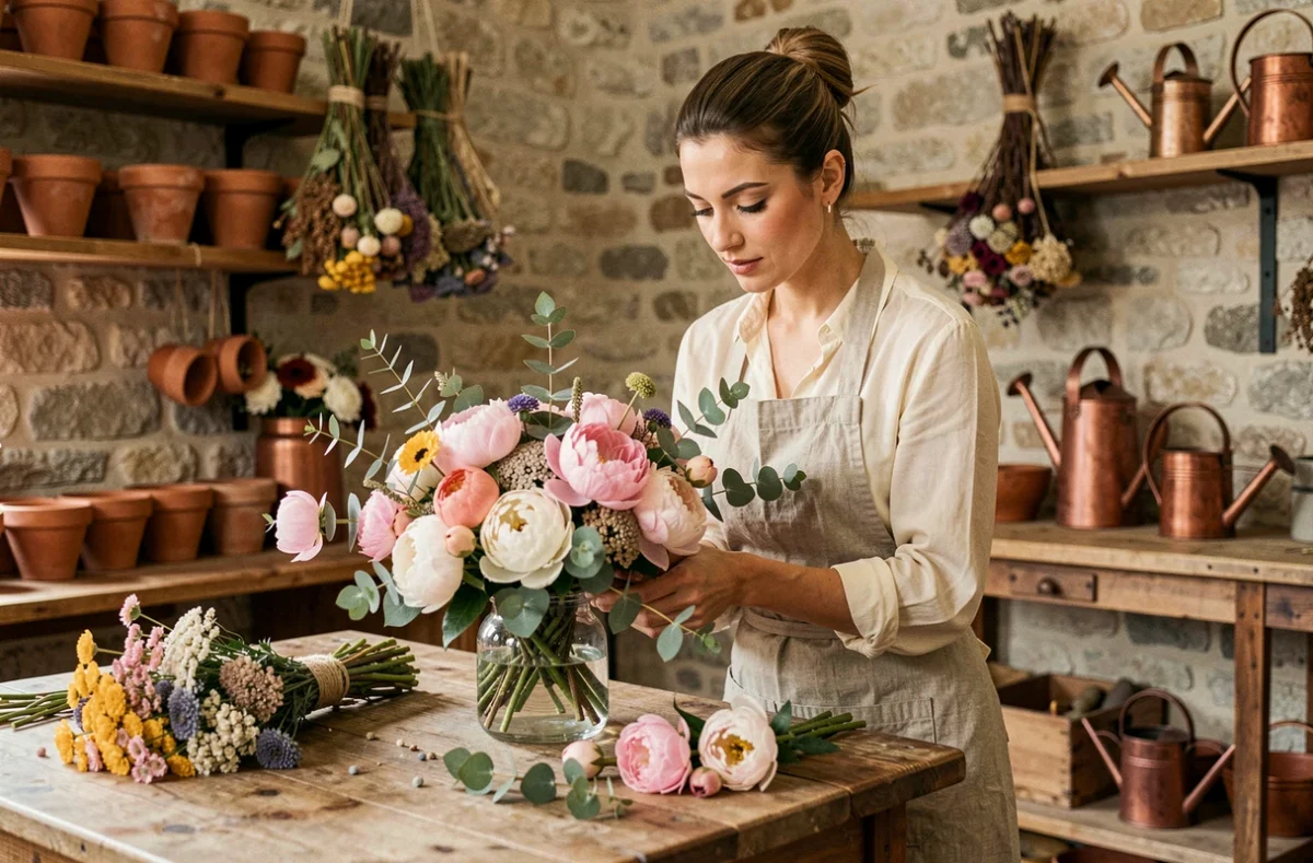 Fleuriste de L'Atelier Parisien composant un bouquet de fleurs et végétaux dans un atelier en pierre
