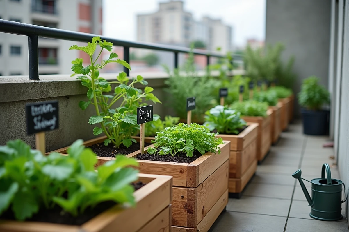 Vue en perspective d'un balcon urbain étroit avec trois potagers en carré en bois alignés, remplis de légumes variés et d'herbes aromatiques bien organisés