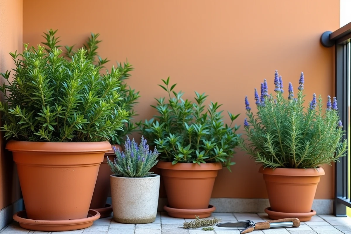 Vue d'ensemble d'un balcon fleuri avec plusieurs sauges arbustives en pot taillées et des herbes aromatiques
