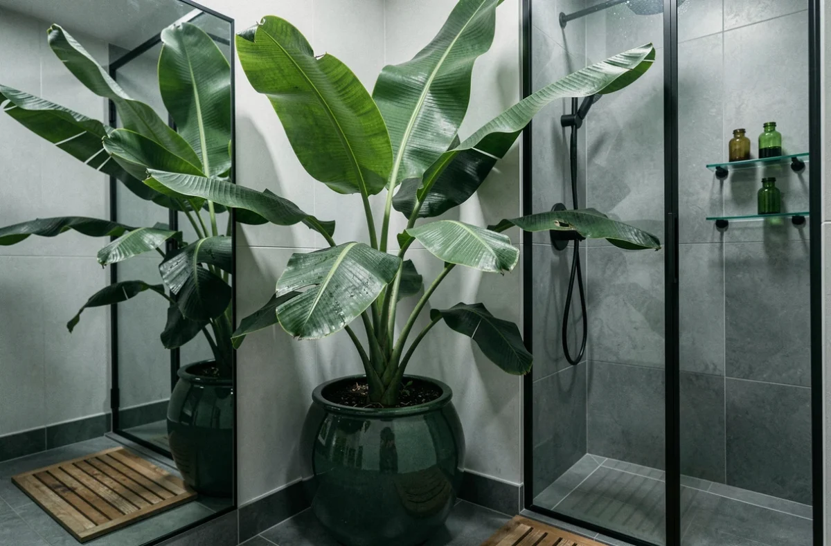 Grand bananier tropical en pot dans un coin de salle de bain avec miroir mural, douche à l'italienne et accessoires en verre vert