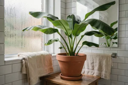 Bananier nain en pot sur un meuble vasque en bois dans une salle de bain avec carrelage blanc et condensation sur la fenêtre