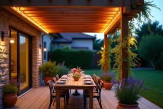 Terrasse de jardin moderne équipée d'une bande LED solaire sous une pergola en bois, créant une ambiance chaleureuse pour les soirées extérieures