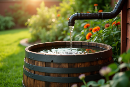 Baril de pluie en bois dans un jardin verdoyant
