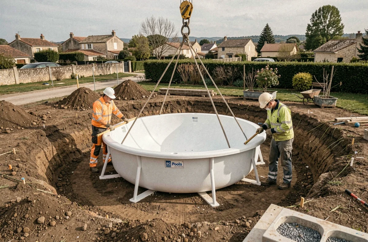 Équipe BG Pools installant une coque en fibre de verre dans un jardin résidentiel du sud-ouest de la France