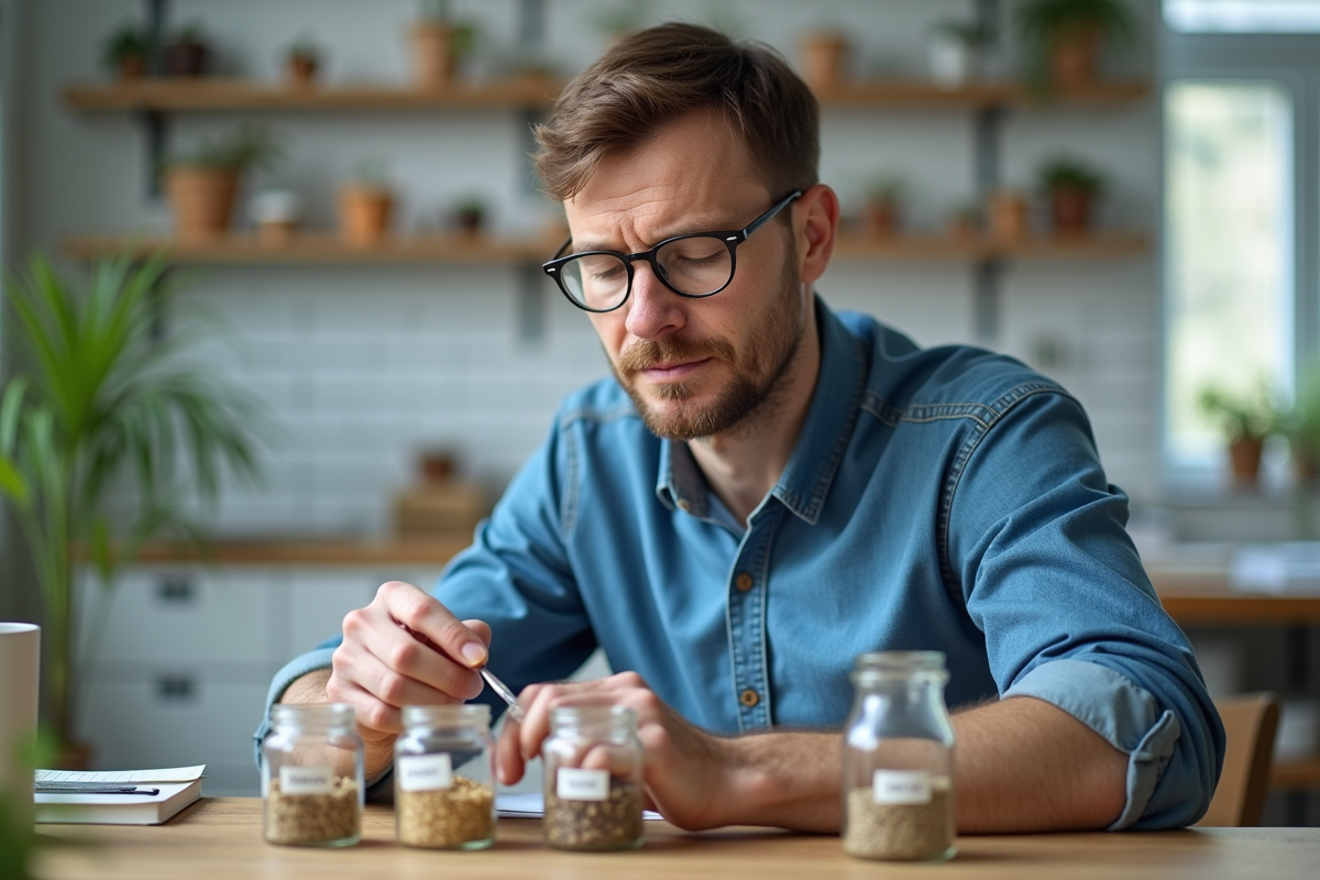 Botaniste étiquetant des bocaux de graines dans un laboratoire lumineux