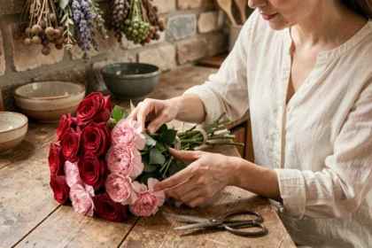 Femme arrangeant un bouquet de roses rouges et d'œillets roses sur une table en bois rustique dans une cuisine de campagne française