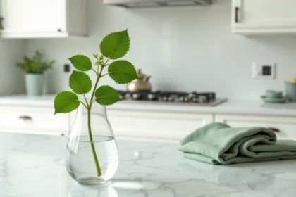 Bouture d'hortensia dans un vase en verre transparent posé sur un plan de travail en marbre blanc avec feuilles vertes et tige immergée dans l'eau