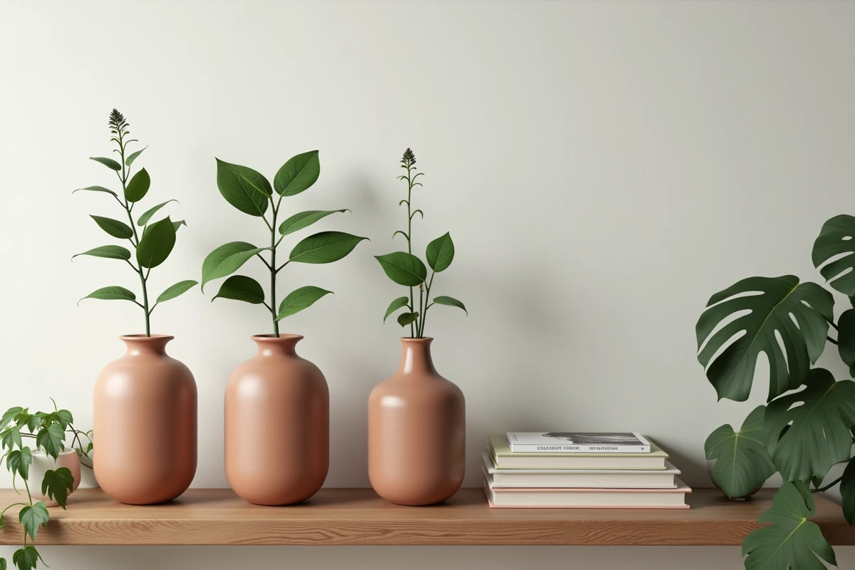 Trois boutures d'hortensia en vase céramique terracotta sur une étagère en bois dans un salon de style scandinave avec livres et plante verte