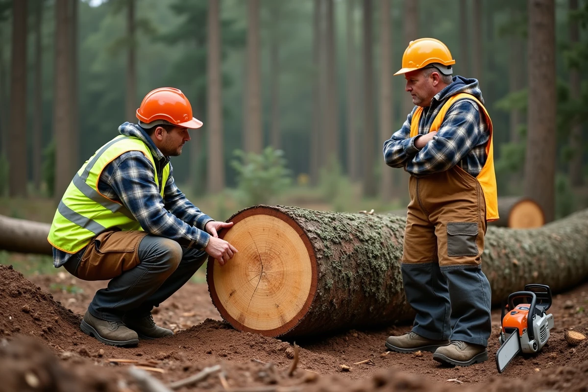 Deux bûcherons professionnels évaluant la qualité d'un tronc d'albizia abattu en forêt