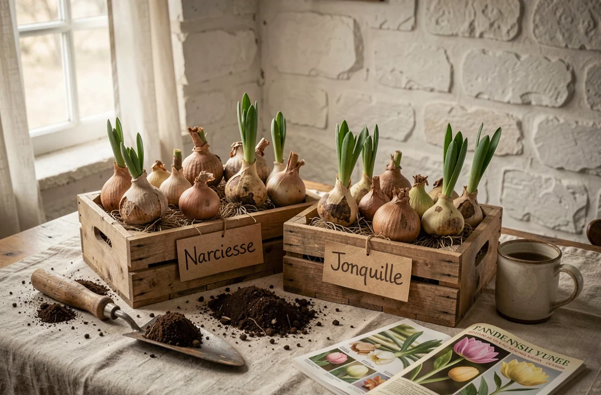 Disposition de bulbes de narcisses et jonquilles dans des caisses en bois étiquetées à la main sur une table de cuisine rustique avec catalogue de jardinage et truelle