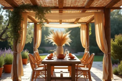 Pergola en bois avec canisse en bambou naturel, table en teck et décoration bohème en céramique terracotta dans un jardin méditerranéen
