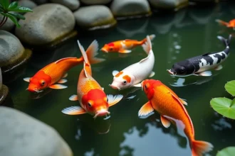 Carpes koï colorées nageant dans un bassin de jardinerie japonais avec pierres et nénuphars