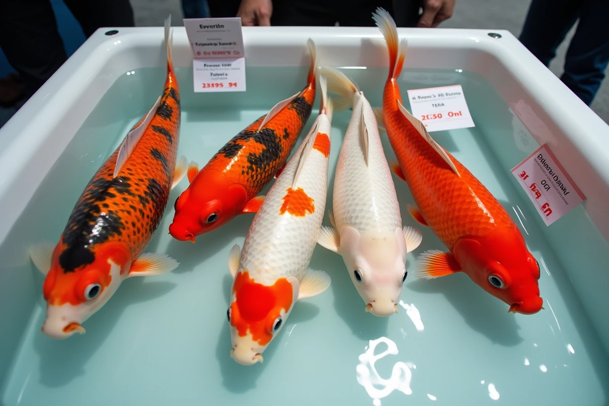 Vue aérienne de carpes koï premium dans un bassin de présentation lors d'une vente aux enchères aquacole