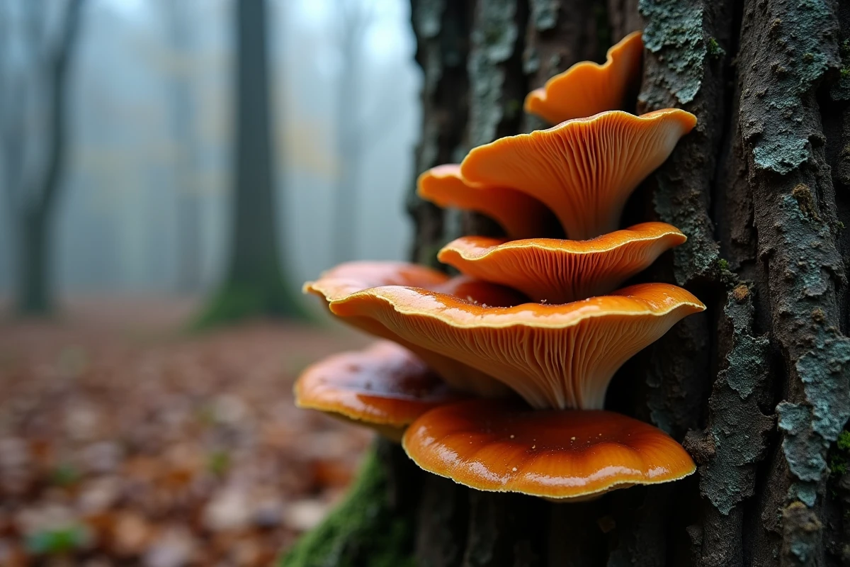 Champignons oranges en étagères superposés sur un chêne mort en automne avec brume forestière
