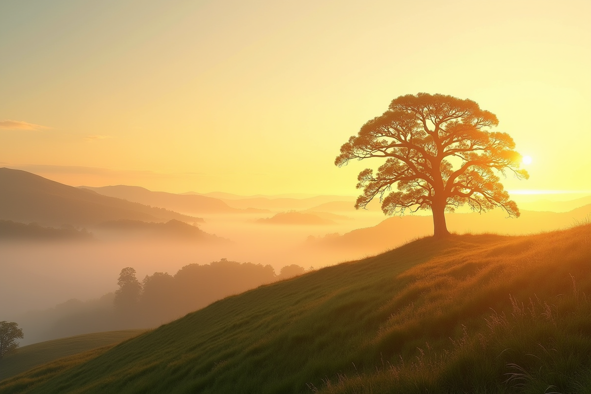 Chêne majestueux sur une colline au lever du soleil brumeux