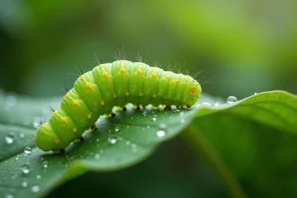 Chenille verte sur feuille de laitue avec gouttes d'eau