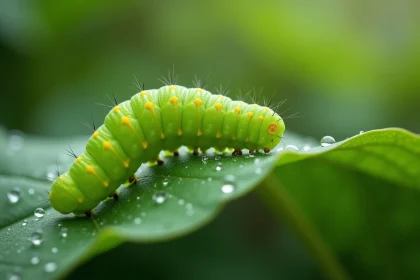 Chenille verte sur feuille de laitue avec gouttes d'eau