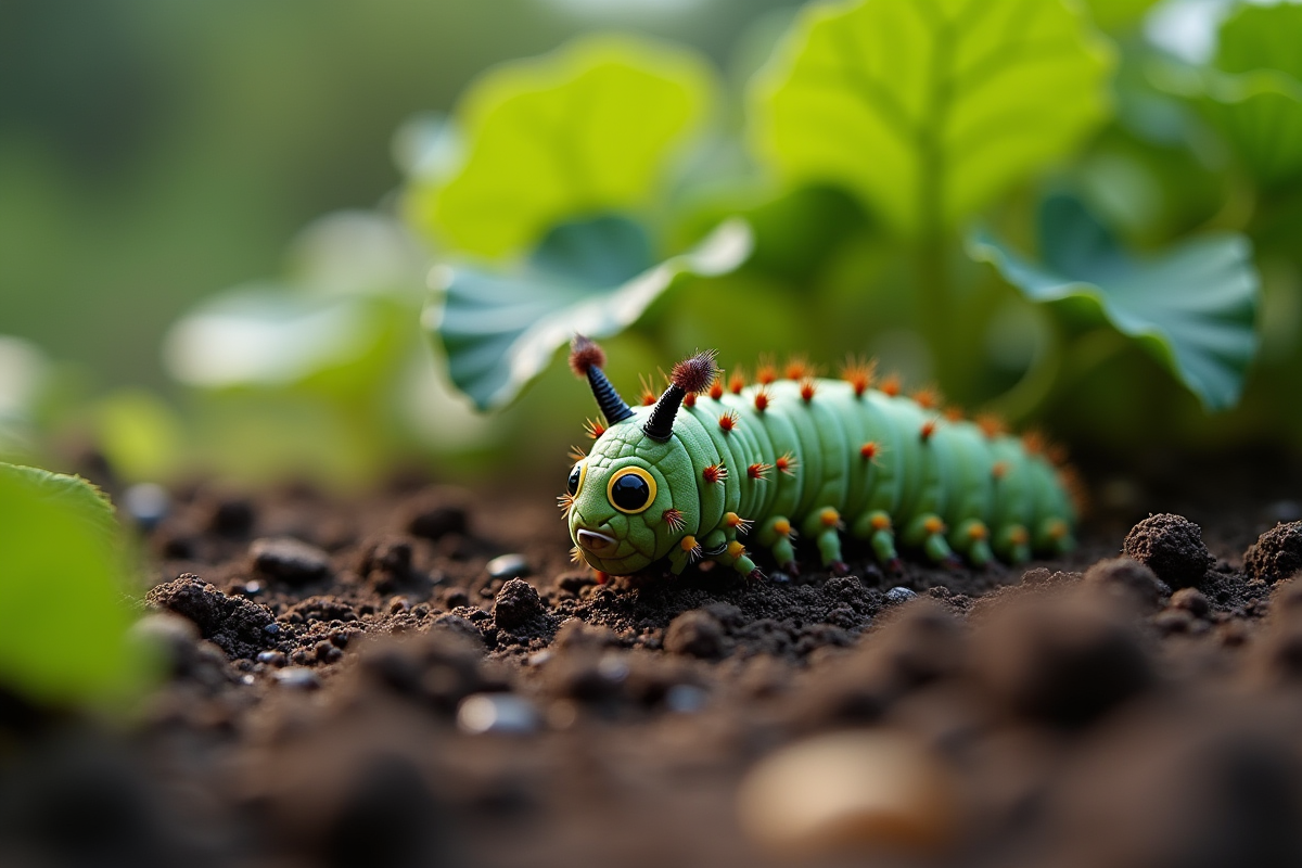 Chenille sphinx reposant sur le sol humide dans le jardin