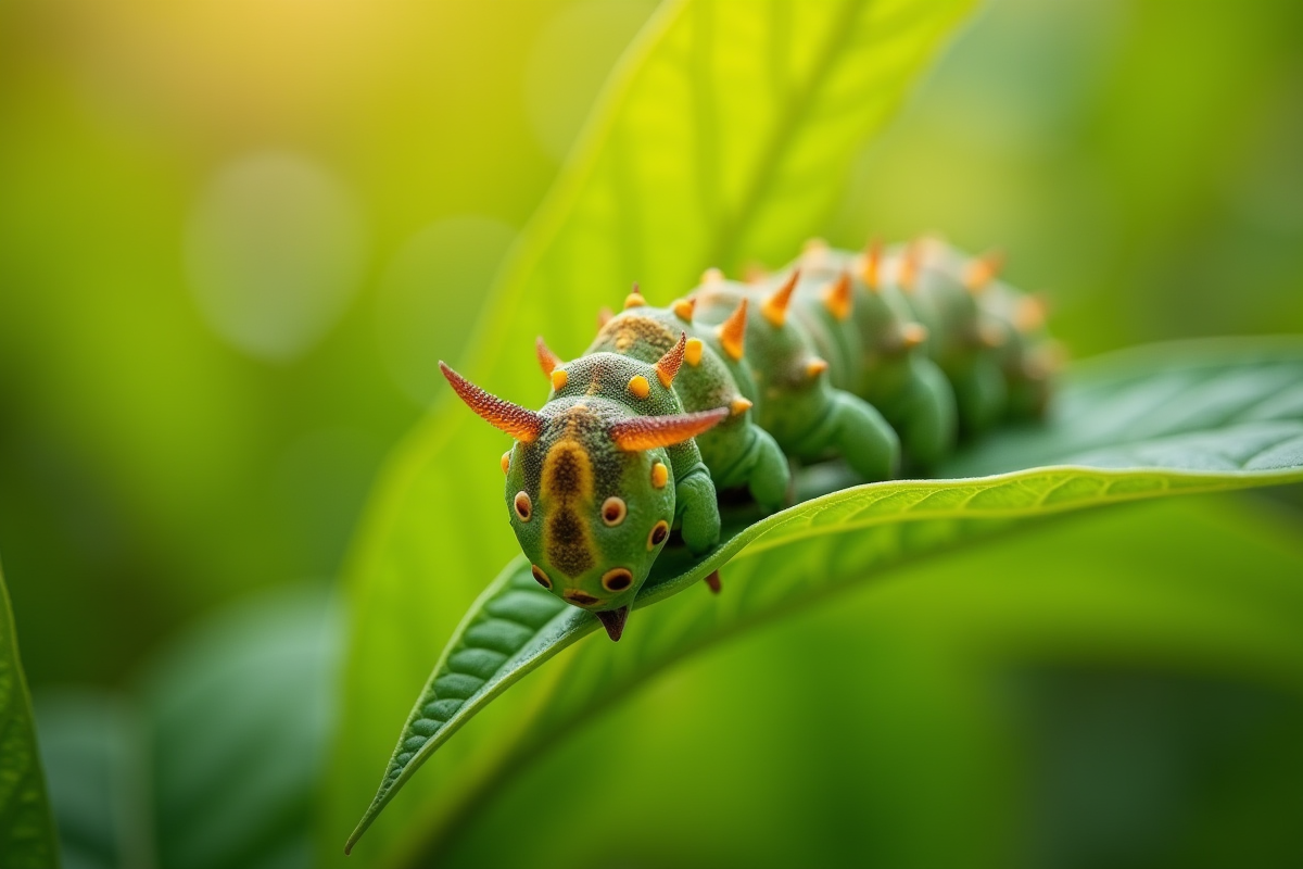 Chenille sphinx sur une feuille verte en plein soleil