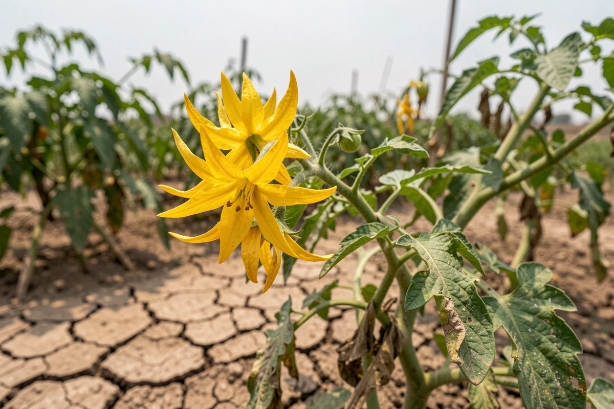 Fleurs de tomates montrant des signes de chute en période de forte chaleur estivale dans un potager
