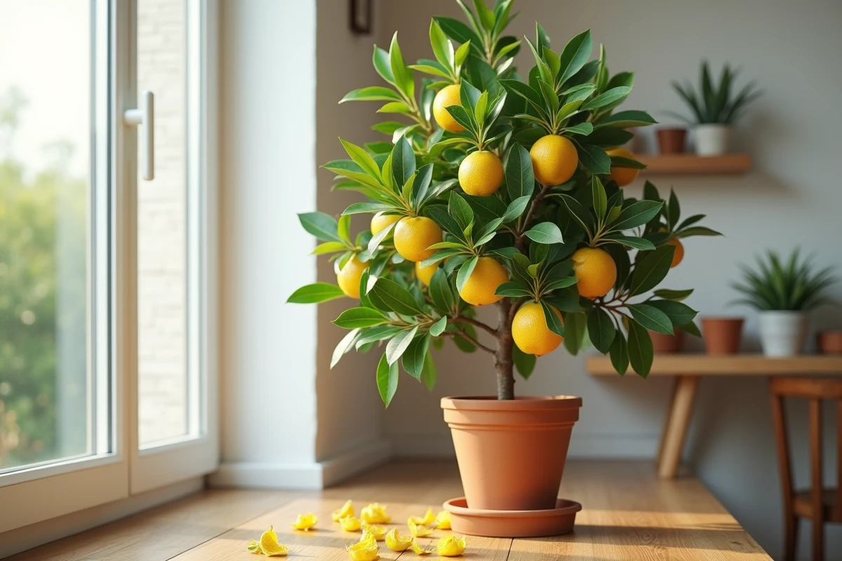 Citronnier en pot à l'intérieur avec feuilles jaunes tombées sur le sol en bois, signes de stress de la plante
