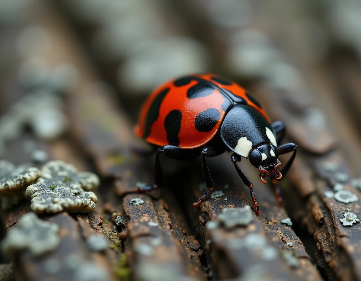 Coccinelle asiatique noire à points rouges vue de près sur une écorce de chêne rugueuse en forêt