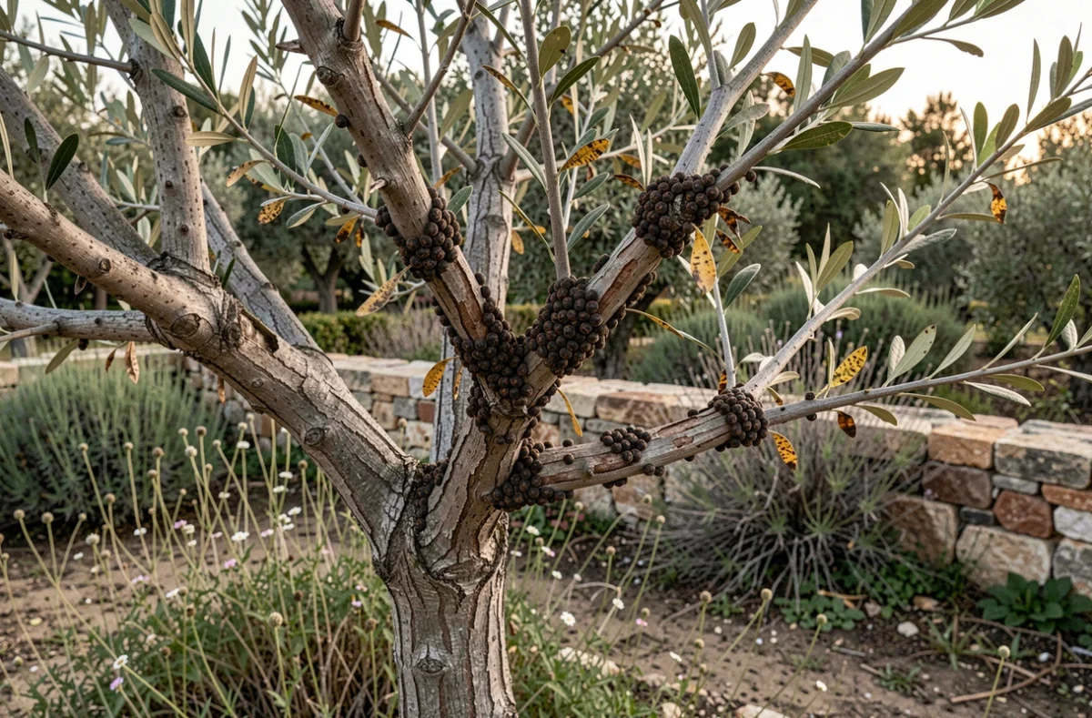 Branche d'olivier infestée par la cochenille noire, parasite courant causant le dépérissement de l'arbre