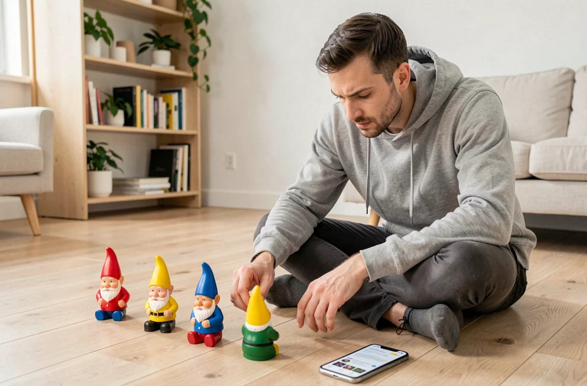 Homme entouré de nains de jardin colorés style Google dans un appartement scandinave, expression de collection obsessionnelle